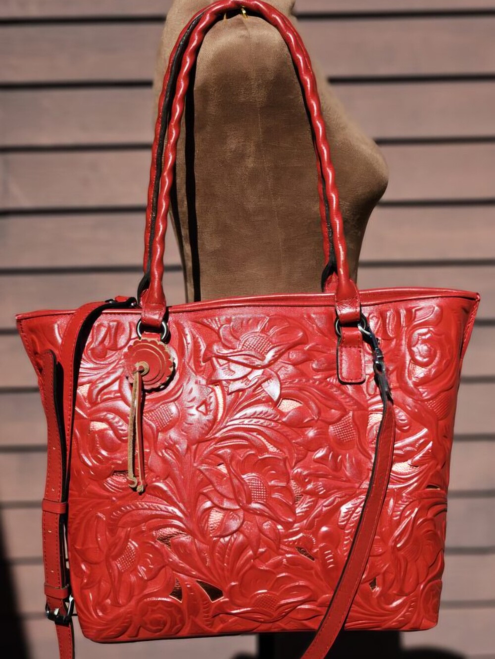 Patricia Nash Red Embossed Leather Cut-out Floral Tote. EUC